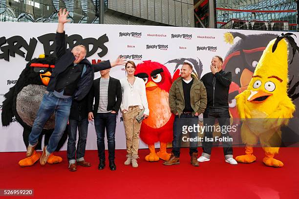 Michael Kessler, Ralf Schmitz, Axel Prahl, Axel Stein, Smudo attend the Berlin premiere of the film 'Angry Birds - Der Film' at CineStar on May 1,...