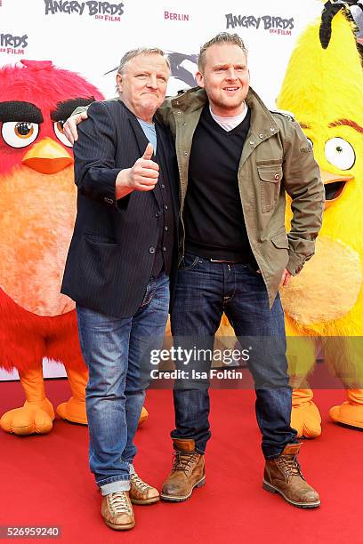 The actors Axel Prahl and Axel Stein attend the Berlin premiere of the film 'Angry Birds - Der Film' at CineStar on May 1, 2016 in Berlin, Germany.