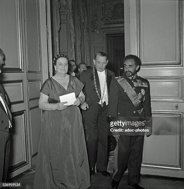 The Emperor of Ethiopia Haile Selassie and the French President Ren�� Coty with his wife Germaine Coty at the Elysee Palace, Paris . In 1954.