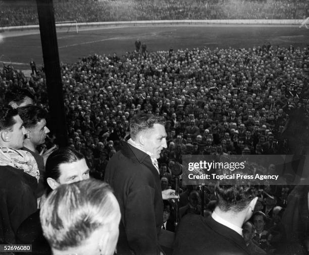 Chelsea captain Roy Bentley addresses the crowd after a win over Sheffield Wednesday at Stamford Bridge, 23rd April 1955. Chelsea's victory secured...