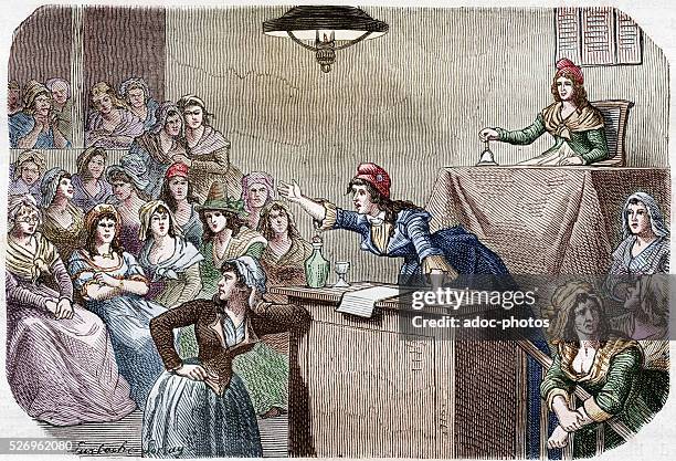 Women's club during the French Revolution in Paris . In 1792. Coloured engraving.