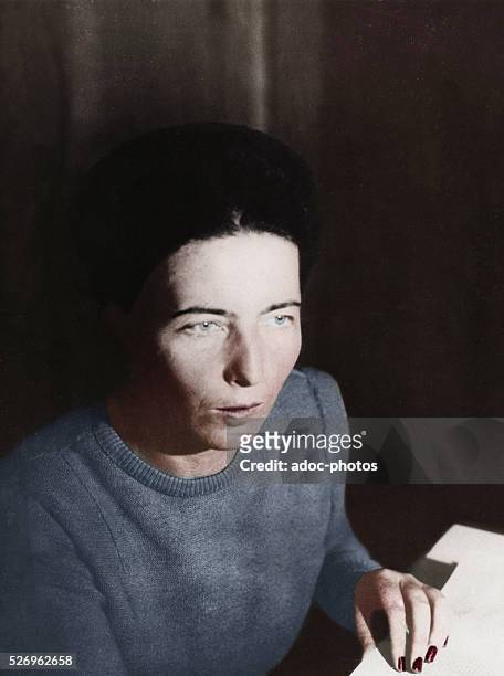 Simone de Beauvoir , French writer. In November 1945. Coloured photograph.