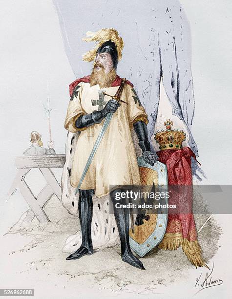 Frederick I Barbarossa , German Holy Roman Emperor. Coloured Lithography.