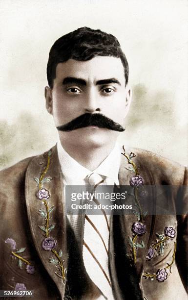 Emiliano Zapata , Mexican revolutionnary. Ca. 1915. Coloured photograph.