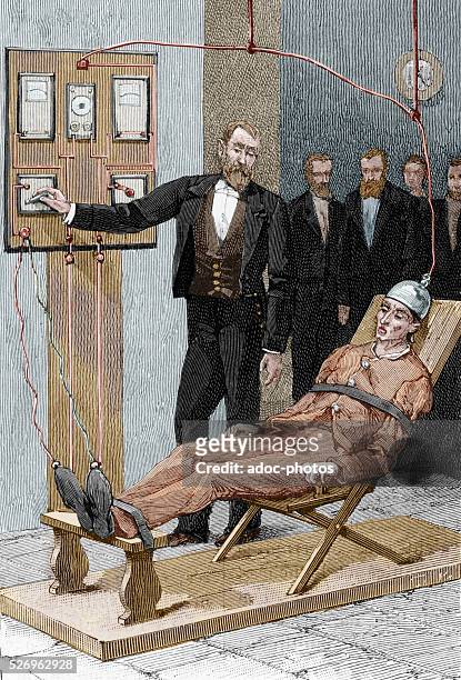 Capital punishment with an electric chair . Ca. 1890. Coloured engraving.