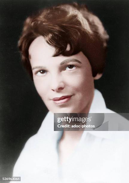 Amelia Earhart , American aviation pioneer born in Atchison . Ca. 1930. Coloured photograph.