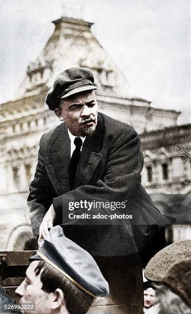 Russian communist revolutionary leader, Vladimir Lenin , at a Vsevobuch military parade on the first anniversary of the foundation of the Soviet...