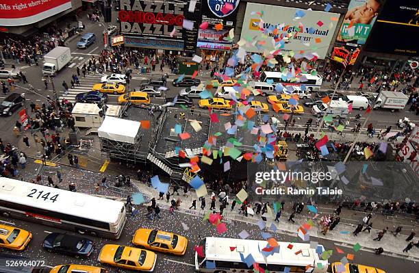 Confetti rains down on Broadway in Times Square on December 29 during the annual 'air worthiness test' of the confetti that will be used for the...