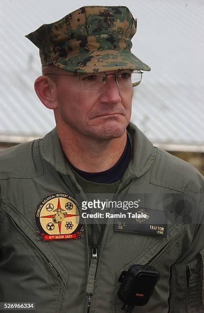 United States Marine C-BIRF Commander, Colonel Dwight F Trafton, addresses the media at the Fire Department of New York Fire Academy on Randall's...