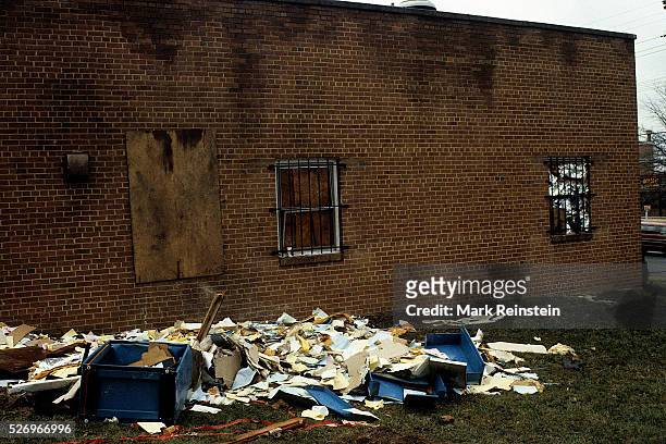 Seat Pleasant, Maryland 1-1-1985 Blown out window and debris fill a the yard outside an abortion clinic that was bombed over night in P.G. County Md....