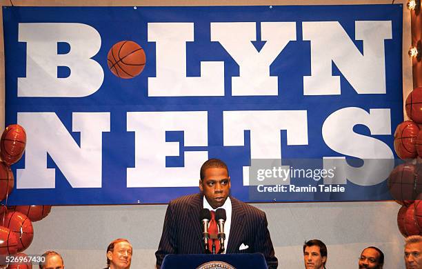 Hip-Hop artist and Nets investor Jay-Z speaks at a news conference to announce a successful bid by President and CEO of Forest City Ratner Companies...