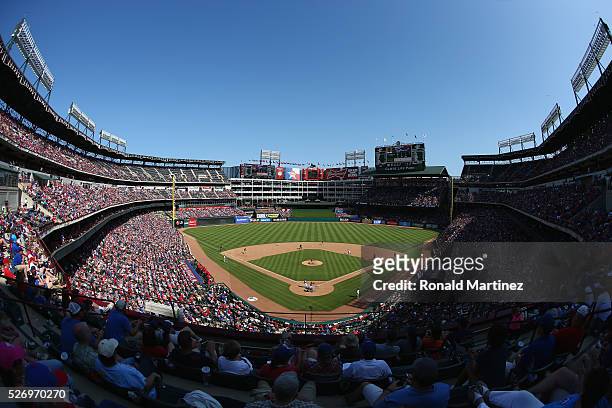 General view of play between the Los Angeles Angels and the Texas Rangers at Globe Life Park in Arlington on May 1, 2016 in Arlington, Texas.