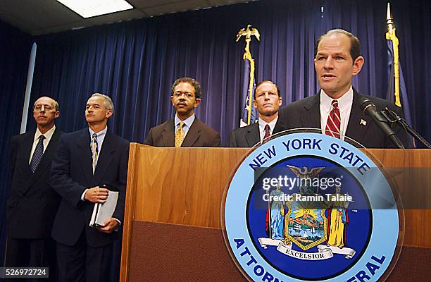 New York State Attorney General Eliot Spitzer is joined by : New York City Corporation Counsel Michael A. Cardozo, Vermont Attorney General William...