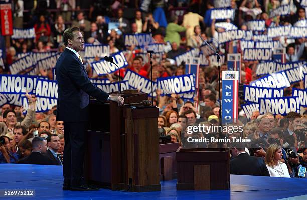 California Governor Arnold Schwarzenegger addresses the delegates, during the second day of 2004 Republican National Convention in Madison Square...