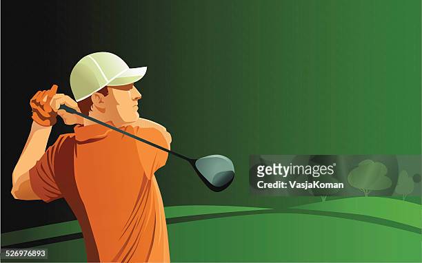 golf player teeing off on green background - golf driver stock illustrations