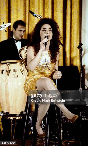 Washington, DC. 6-18-1991 Gloria Estefan performs in the East Room of the White House as the evenings entertainment for the State Dinner honoring...