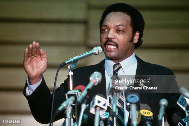 Jesse Jackson, Baptist minister and candidate for the Democratic presidential nomination in 1984, speaks at a campaign rally.
