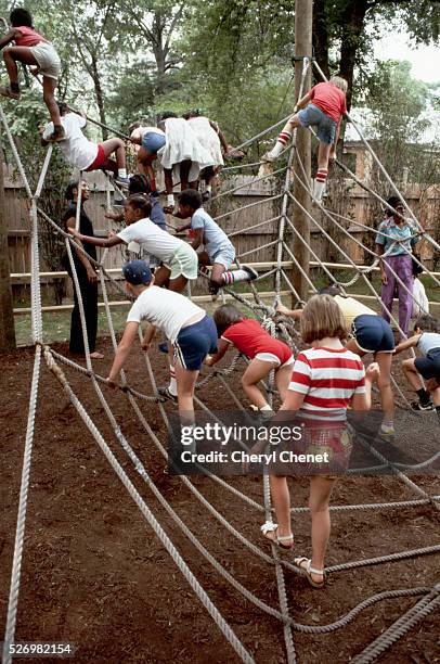 Children visiting the zoo climb on a rope jungle gym. The jungle gym is to represent a spider's web. With enlarged animal objects, the children learn...