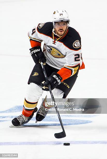 Simon Despres of the Anaheim Ducks skates with the puck against the Nashville Predators during a NHL game at Bridgestone Arena on April 21, 2016 in...