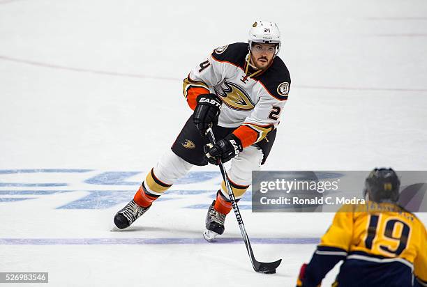 Simon Despres of the Anaheim Ducks skates with the puck against the Nashville Predators during a NHL game at Bridgestone Arena on April 21, 2016 in...