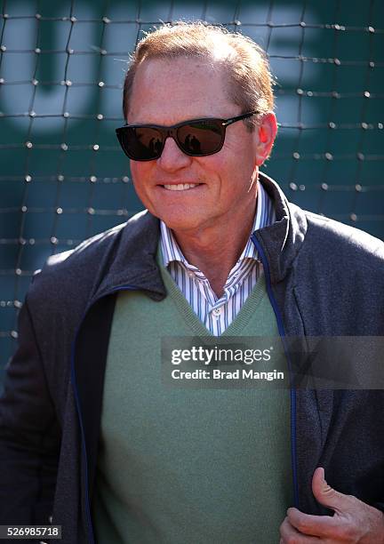 Sports agent Scott Boras watches batting practice before the game between the Houston Astros and Oakland Athletics at the Oakland Coliseum on Friday,...