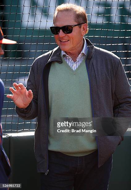 Sports agent Scott Boras watches batting practice before the game between the Houston Astros and Oakland Athletics at the Oakland Coliseum on Friday,...