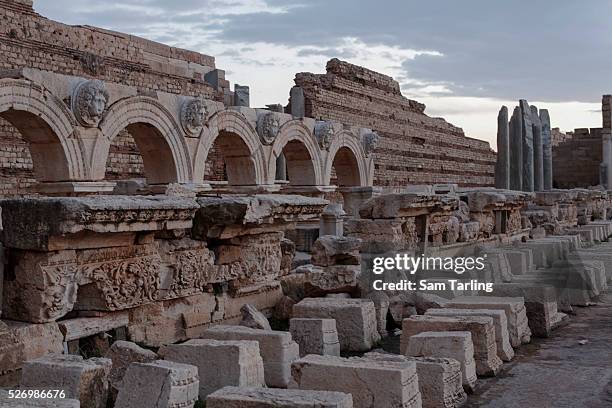 The ruins of the forum at the Leptis Magna historical site, near Tripoli, Libya, on March 10, 2015.