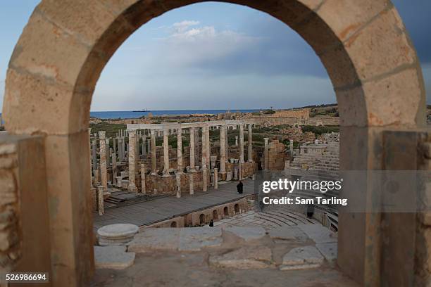 The ruins of the theatre at the Leptis Magna historical site, near Tripoli, Libya, on March 10, 2015.