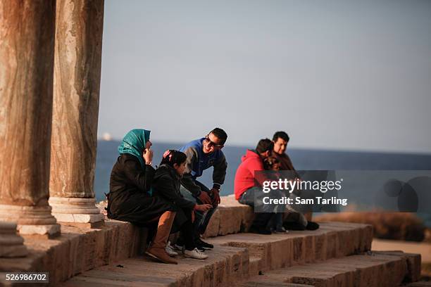 The ruins of the theatre at the Leptis Magna historical site, near Tripoli, Libya, on March 10, 2015.