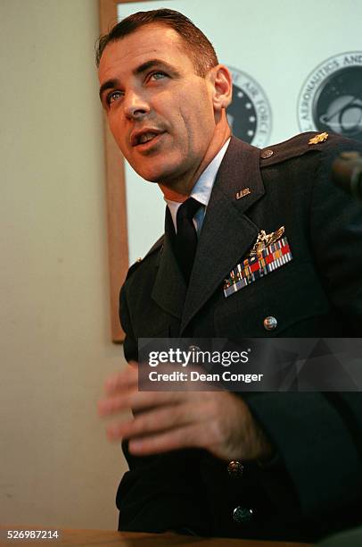 Test pilot, Air Force Major Robert M. White, speaks at press conference on the X-15 rocket plane project at Edwards Air Force Base, California. The...