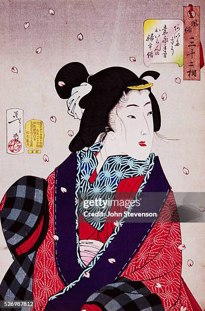 High-ranking courtesan, off-duty, of the Kaei era waits for her lover as cherry blossoms fall. From the series Fuzoku sanjuniso, "Thirty-Two Aspects...