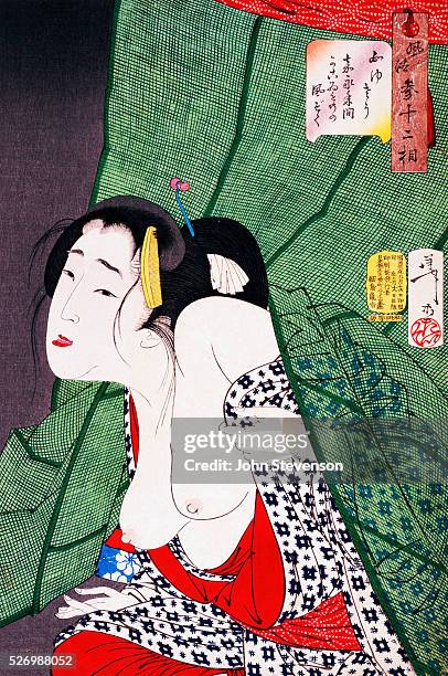Kept woman of the Kaei era emerges scratching from a mosquito net. From the series Fuzoku sanjuniso, "Thirty-Two Aspects of Customs and Manners." |...