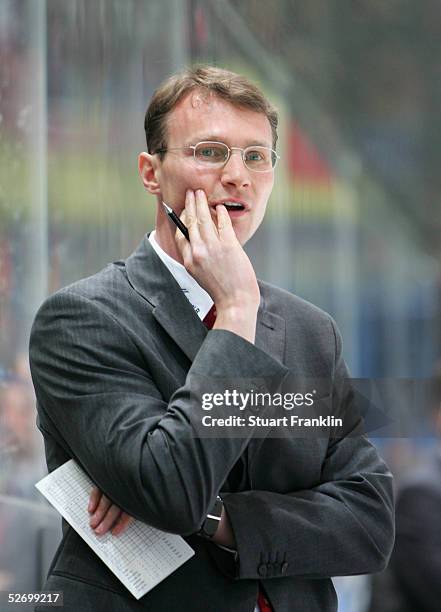 Greg Poss, Head Coach of The German National Ice Hockey team, looks on during The International Friendly Ice Hockey match between Germany and USA at...