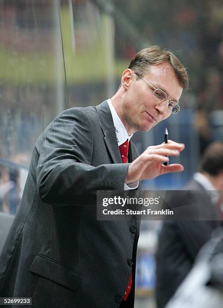 Greg Poss, Head Coach of The German National Ice Hockey team, gestures during The International Friendly Ice Hockey match between Germany and USA at...