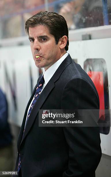 Peter Laviolette, Head Coach of USA Ice Hockey team, looks on during The International Friendly Ice Hockey match between Germany and USA at The...