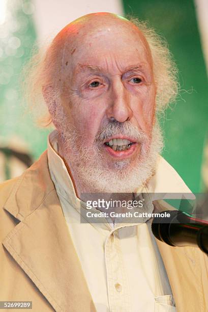 Richard Hamilton is seen on stage presenting the award for Becks Futures 2005 at the Beck's Futures 2005 Awards at the Institute Of Contemporary Arts...