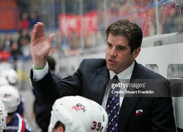 Peter Laviolette, Head Coach of the USA Ice Hockey team gestures during The International Friendly Ice Hockey match between Germany and USA at The...