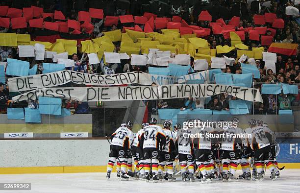 The German Ice Hockey team lines up before The International Friendly Ice Hockey match between Germany and USA at The Olympic Stadium on April 26,...