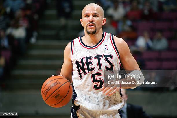 Jason Kidd of the New Jersey Nets brings the ball upcourt during the game against the Orlando Magic on April 2, 2005 at the Continental Airlines...