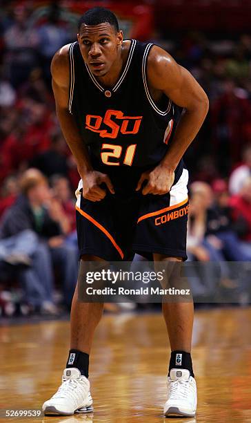 Stephen Graham of the Oklahoma State Cowboys stands on the court during the game against the Texas Tech Raiders on January 8, 2005 at the United...