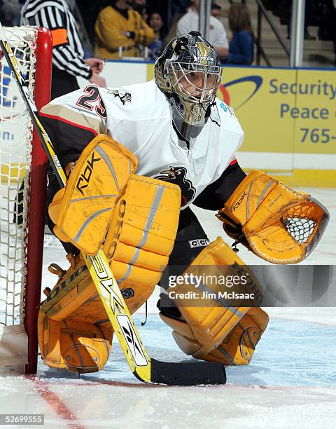 Marc-Andre Fleury of the Wilkes Barre-Scranton Penguins tends goal against the Bridgeport Sound Tigers during the AHL game on February 18, 2005 at...