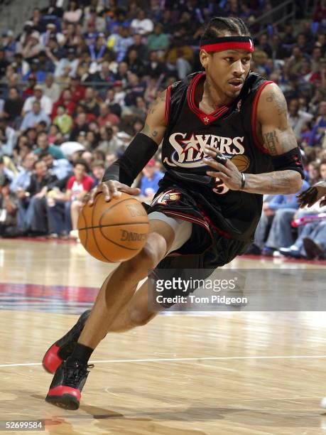 Allen Iverson of the Philadelphia 76ers looks for an opening in the first half against the Detroit Pistons in Game two of the Eastern Conference...