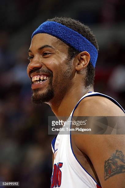Rasheed Wallace of the Detroit Pistons smiles during a break in play in the first half against the Philadelphia 76ers in Game two of the Eastern...