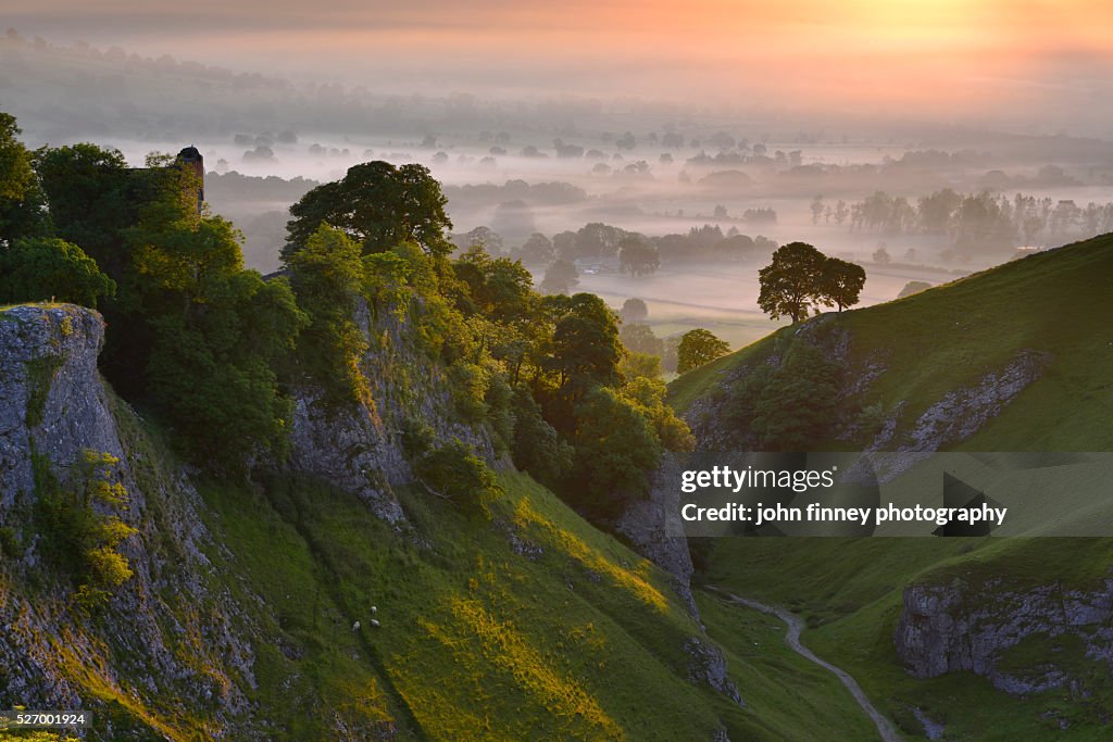 Peveril Castle, Summer sunrise, Castleton, English Peak District. UK. Europe.