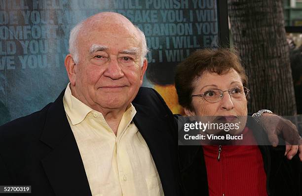 Actor Ed Asner and wife Cindy Gilmore arrive at the premiere of "Crash" at the Academy of Motion Picture Arts & Sciences Theater on April 26, 2005 in...