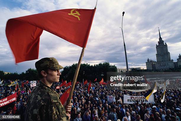 Pro-Communist demonstration on the second anniversary of the coup in front of The White House in Russia.