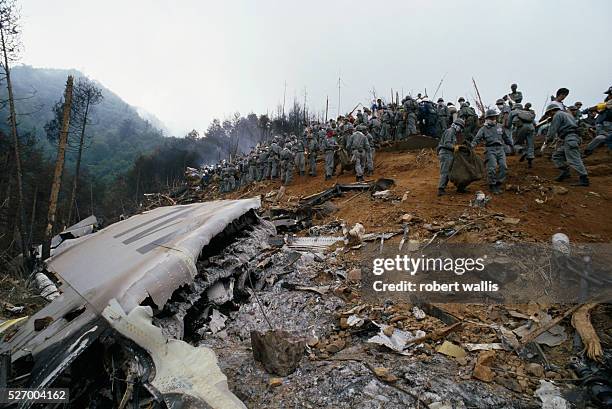 Japan Airlines flight 123 crash site. The Boeing 747SR plane crashed due to equipment failure into the lower slopes of Mount Osutaka, killing all but...