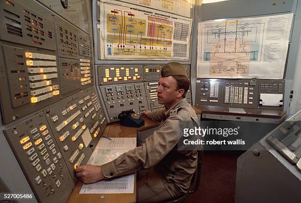 Control room at nuclear missile base, outside of Moscow.