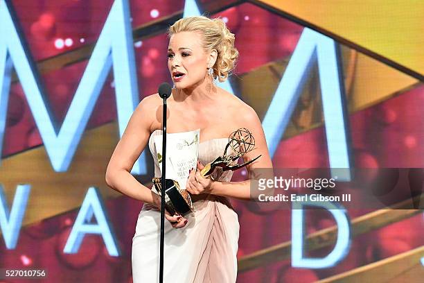 Actress Jessica Collins speaks onstage after receiving her Emmy for Best Supporting Actress at the 43rd Annual Daytime Emmy Awards at the Westin...