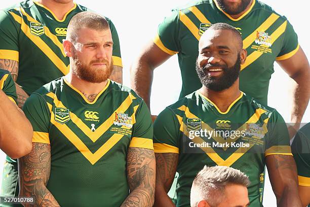 Josh Dugan and Semi Radradra watch on during the Australia Kangaroos Test team photo session at Crowne Plaza Coogee on May 2, 2016 in Sydney,...